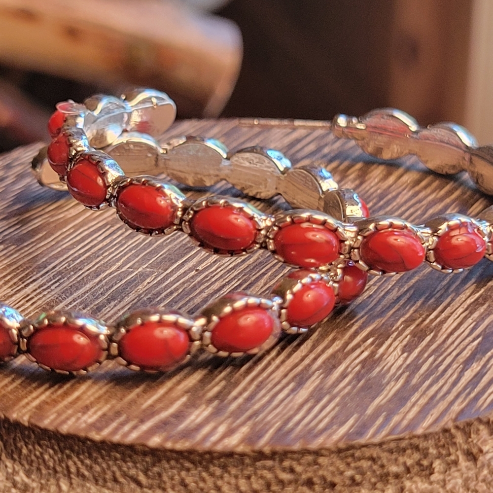 NEW Red Howlite Turquoise Stone Southwestern Boho Chic Elongated Hoop Earrings - Picture 4 of 7